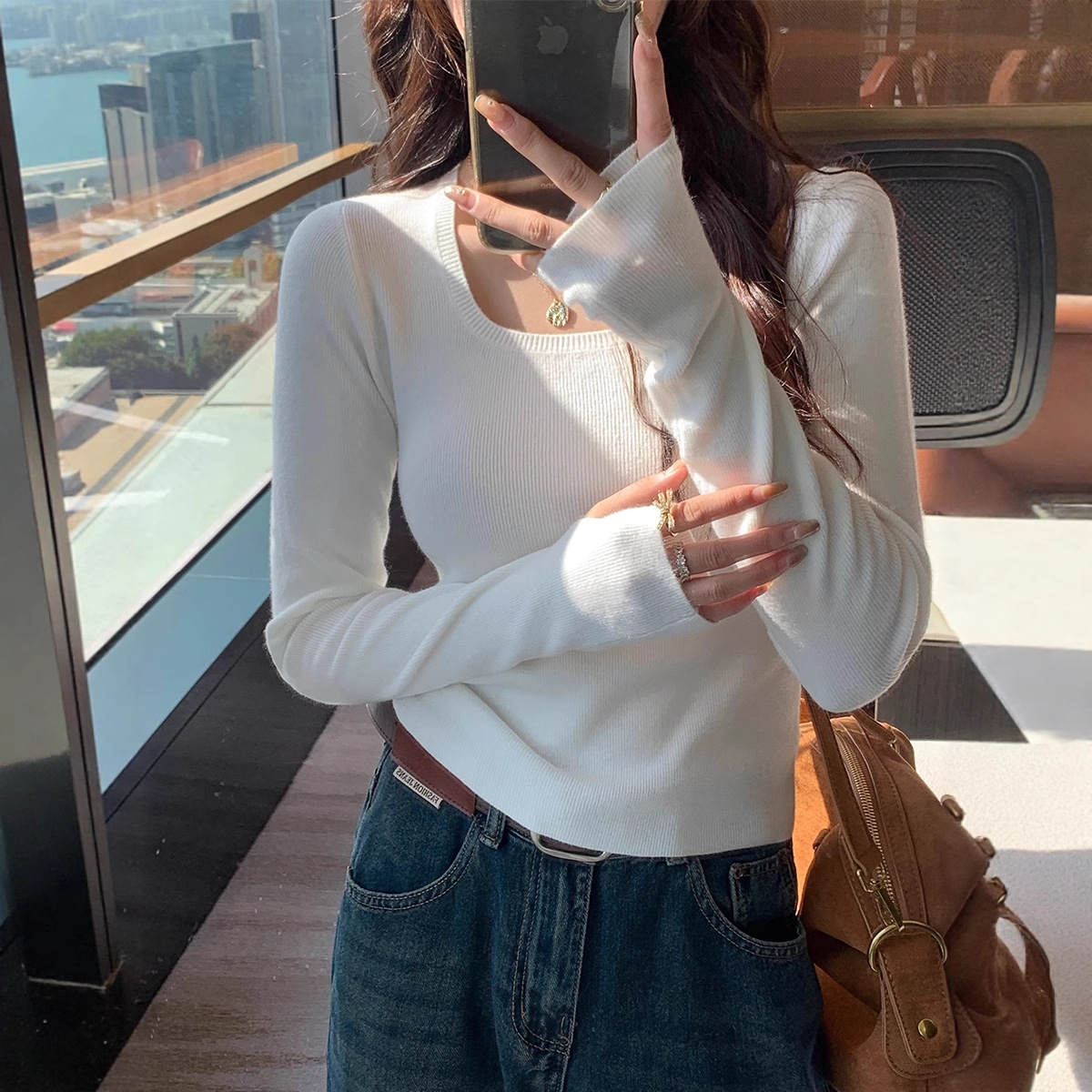 Factory Ready Stock 2025 Autumn and Winter New Square Neck Long-Sleeved Knitted Bottoming Shirt for Women U-Neck Inner Slim Sweater Top