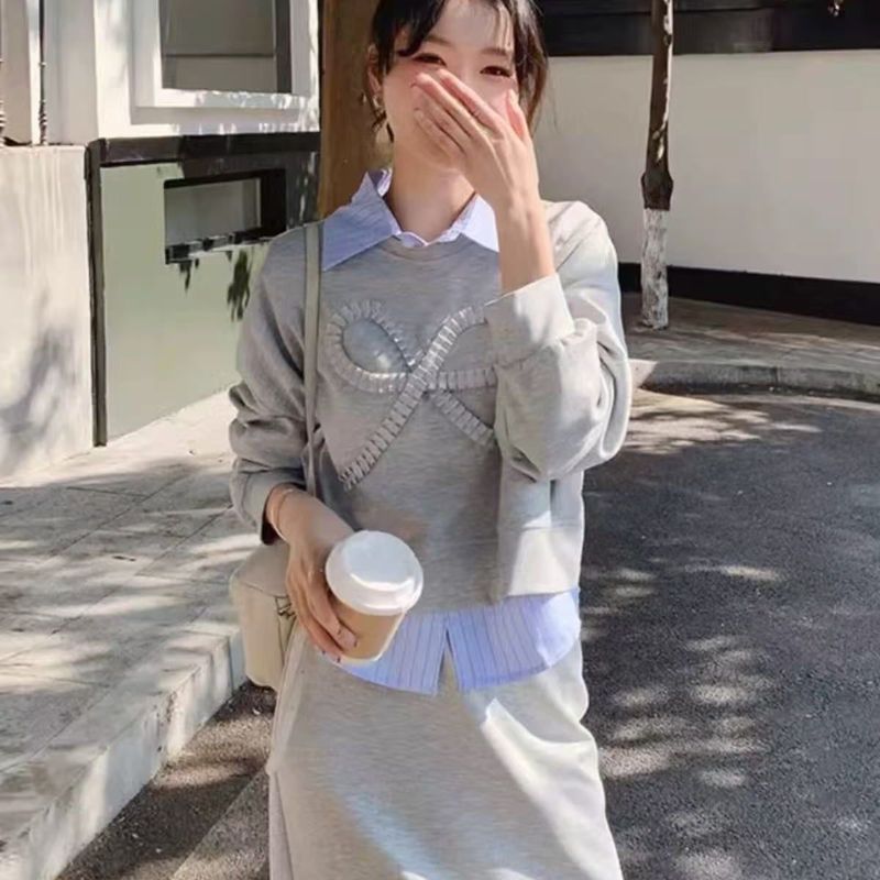 盐系穿搭三件套装条纹衬衫卫衣连衣裙通勤时尚女减龄春秋长裙子|undefined