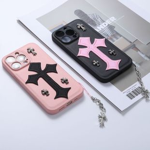 Trendy brand CROSS heart cross pink leather phone case for Apple iphone15/16promax personality