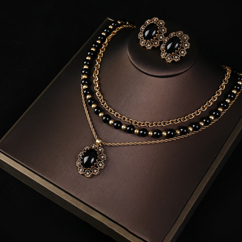 Qingdao mid-ancient jewelry multi-color lace pearl necklace stud earrings Women's Light luxury texture retro jewelry suit_voghion.com