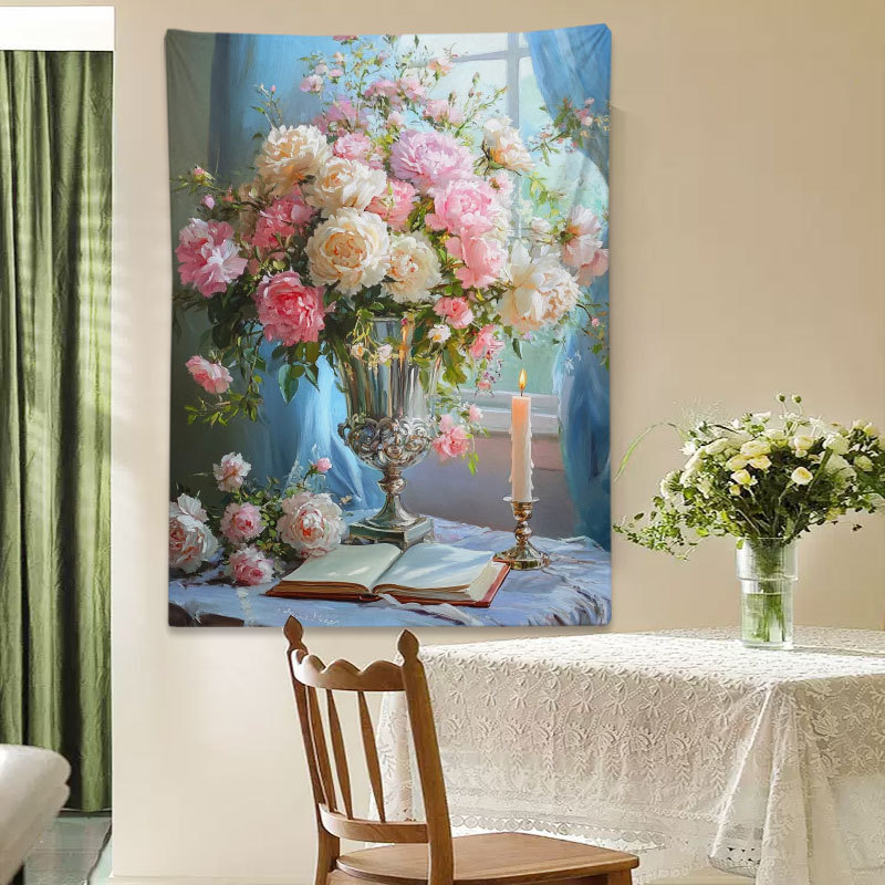 レトロな花柄油絵タペストリー、リビングルーム装飾用壁掛け布、欧米風アート壁掛け布、背景壁布、遮蔽布|undefined