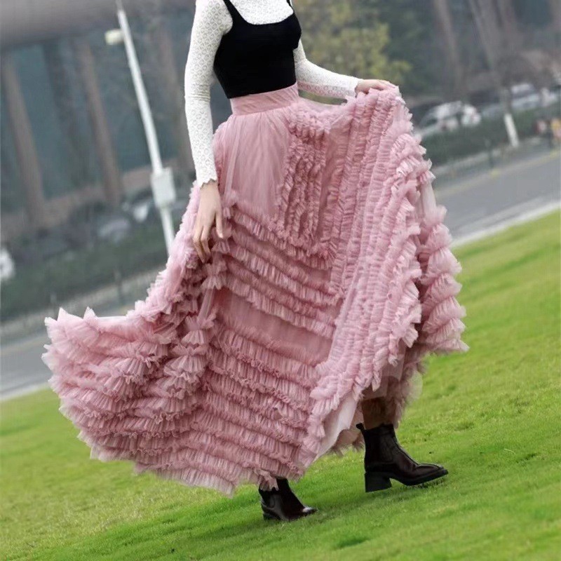 外贸跨境设计感高端网纱重工超级大摆长裙显瘦遮胯华丽蛋糕裙