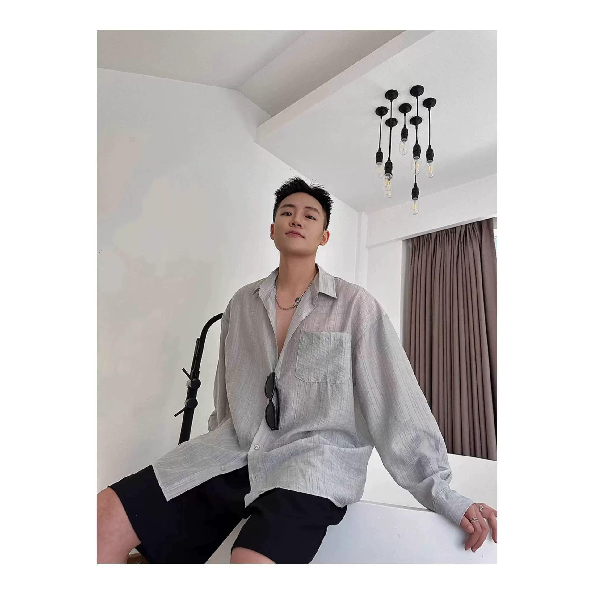 高级感条纹防晒衬衫男长袖夏季薄款韩版休闲宽松垂坠感衬衣外套潮