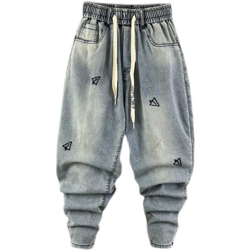 Men's Jeans Embroidery Trendy Pockets Personalized Elastic Waist Versatile Harlan Casual Pants_voghion.com