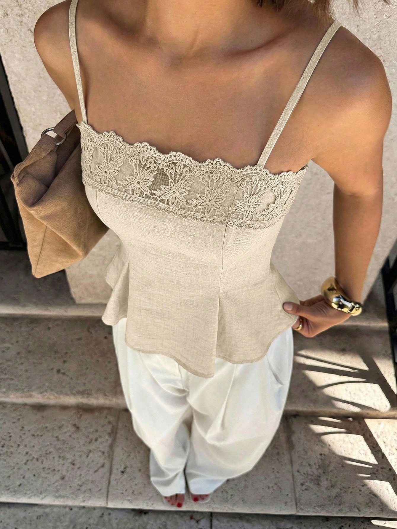 Solid Color Vintage Spicy Girl Camisole with Lace Splicing, Versatile Summer Sexy Top