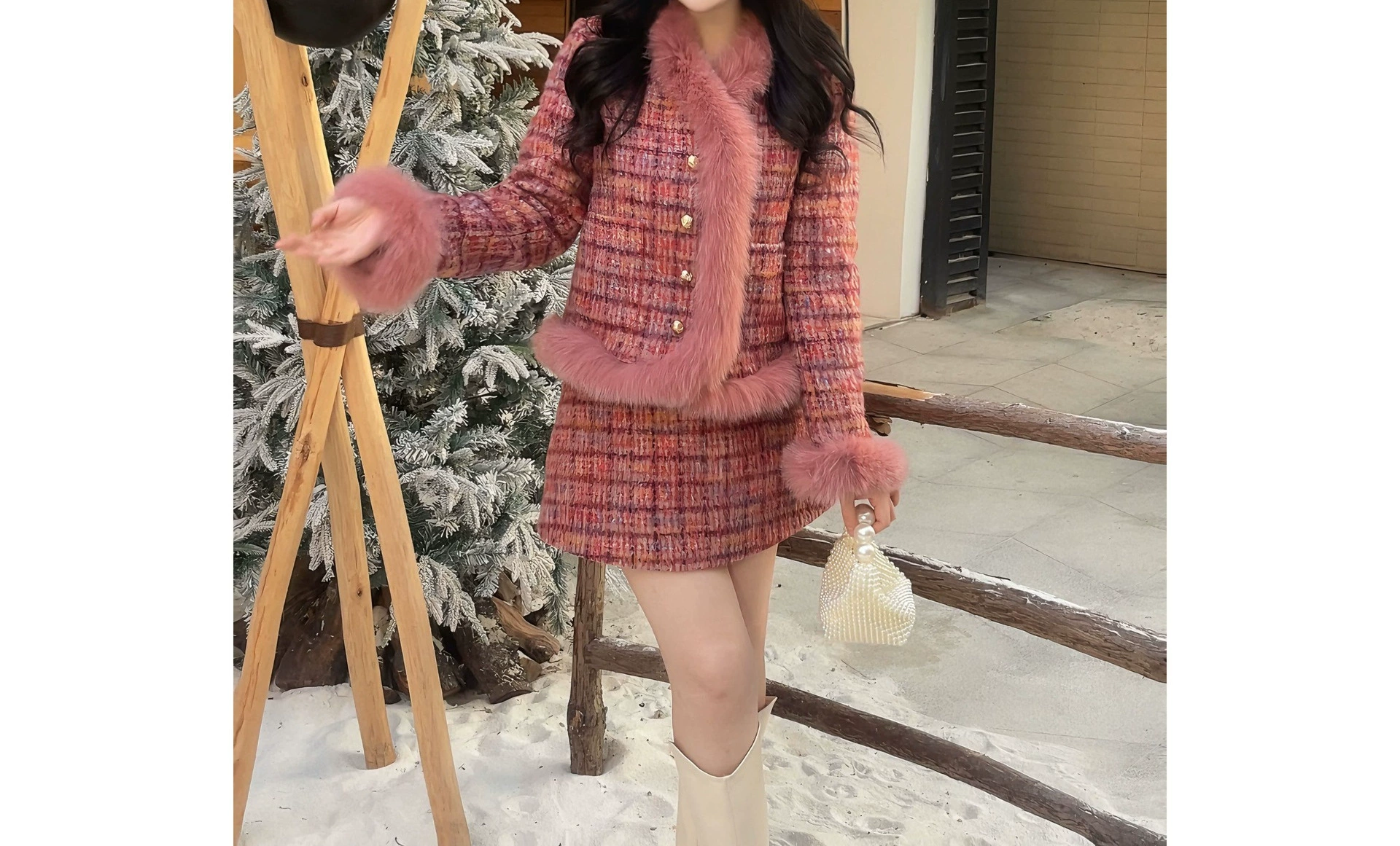 2024 зимний толстый слегка толстый большой размер розового волосатого пуха лисьего меха манжеты из двух частей