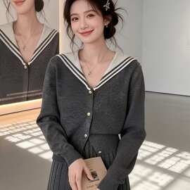 超好看一整套韩系穿搭小香风独特漂亮海军领针织衫半身裙两件套装