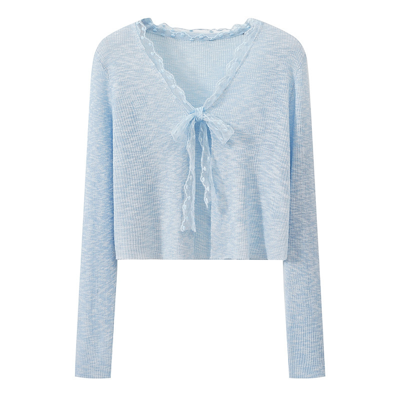 Blue Lace Tie-Neck Knitted Cardigan for Women, New Summer Style Ice Silk Outer Shawl Sun Protection Cover-Up