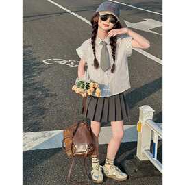 女宝韩版百褶裙套装中大童夏季新款条纹外搭上衣休闲半身裙两件套