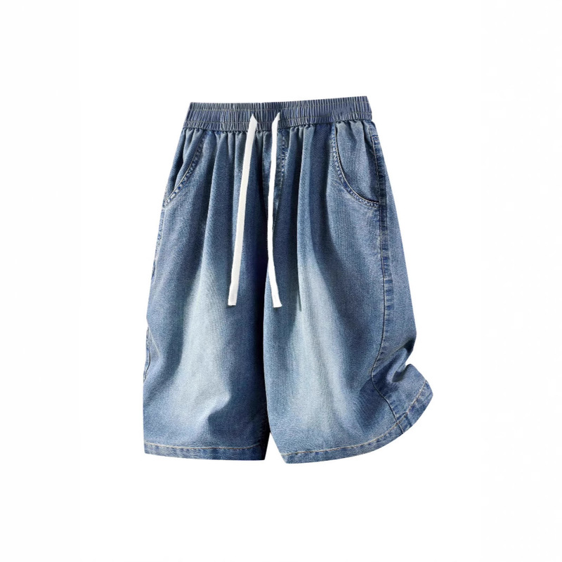 Plus Size American Shorts Retro High Street Washed Distressed Solid Color Denim Shorts for Fat Men Loose Straight