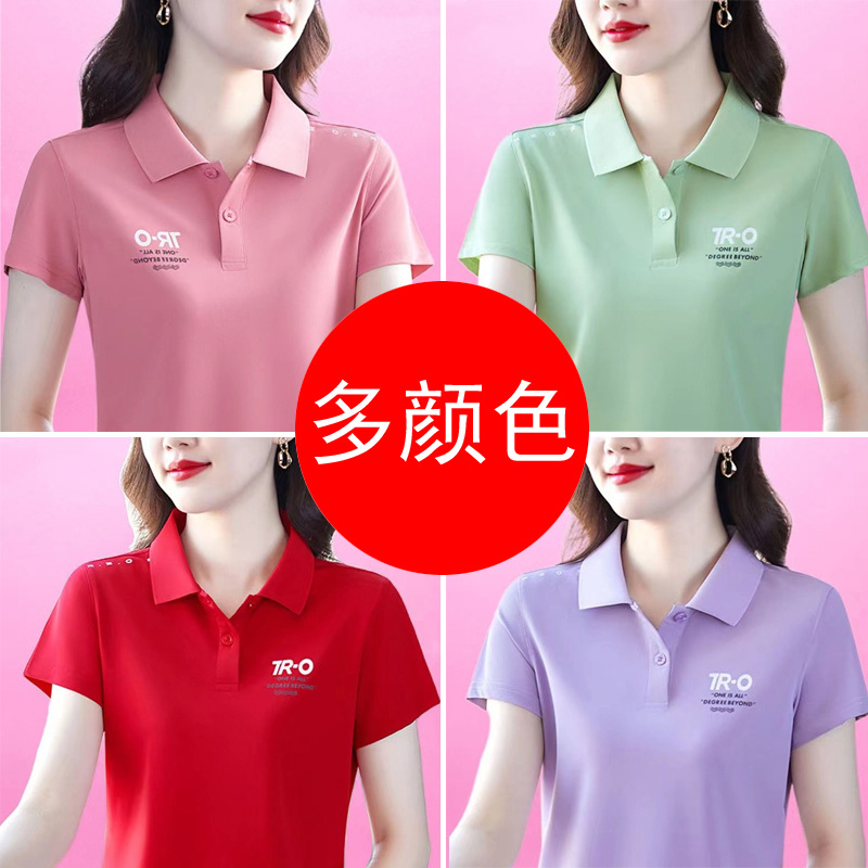 跨境t恤女夏新款polo衫薄款短袖减龄中年妈妈宽松大码别致上衣T|ru