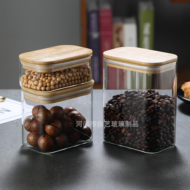 现货批发高硼硅玻璃储物罐家用厨房坚果杂粮茶叶方形收纳密封罐子
