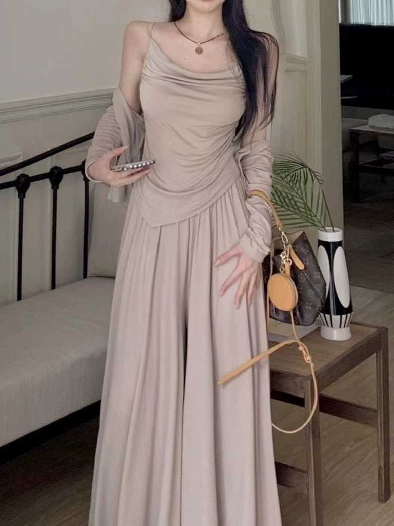 Комплект из 3 предметов на лето: женский кардиган + майка-сеточка + юбка с высокой талией, повседневный эффект утяжки