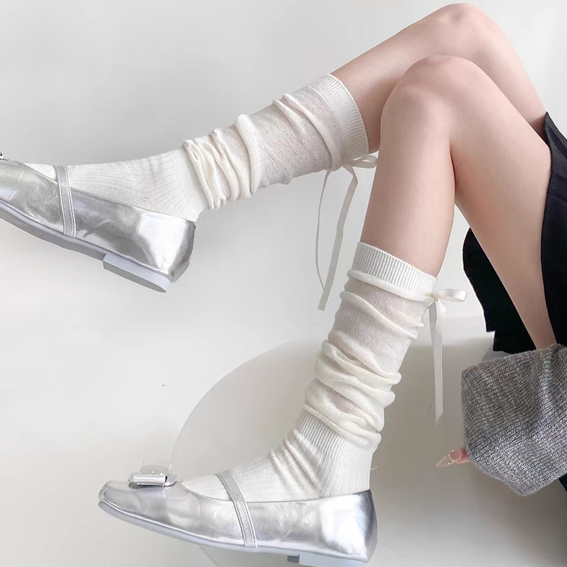 Ballet style white calf socks women's spring and autumn miu style bowknot socks striped mid-tube piled socks stockings