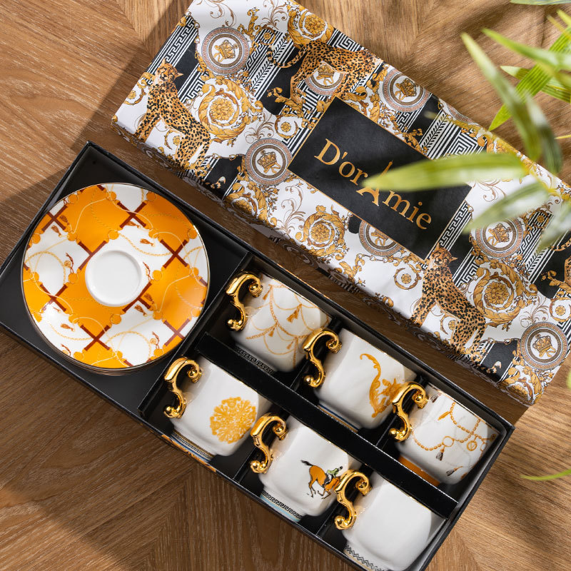 Turkish Palace-Style Ceramic Coffee Cup and Saucer Set, Six-Cup Gift Box Set, Small Capacity Coffee Cups, Custom Gift