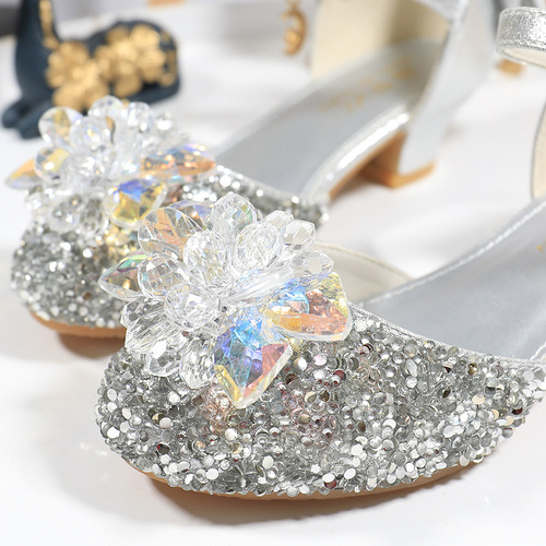 Children's Princess Shoes Dress Silver Performance Crystal Shoes Summer Kids High Heels Model Walk Show Outfit Shoes