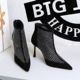 7922-3 High Heel Short Boots Women's Suede Splicing Mesh Diamond Rear Zipper Fashion Mesh Boots Thin Heel Pointed Single Boots