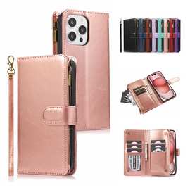 适用iPhone16ProMax疯马料九卡拉链包 苹果15插卡保护套S24手机壳