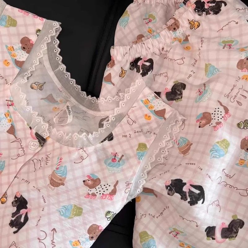Pijamas con estampado de cachorro de dibujos animados dulce para mujer verano nuevo estilo chaleco de encaje pantalones cortos ropa a domicilio traje de dos piezas