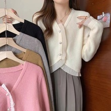 小香风针织衫V领开衫女秋季2022新款宽松荷叶边拼接毛衣外套批发