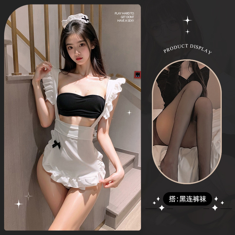 메이드복 [머리띠+긴팔탑+T바지+옷]+검은색 팬티스타킹