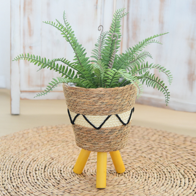 Decoración nórdica tipo piso estante de flores plantas de paja trenzadas cestas de flores de caña trenzadas maceta de loto verde balcón sala de estar estante de maceta