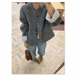 25新款高级感韩系圆领毛呢外套女秋冬桑蚕丝小个子短款手缝大衣