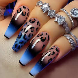 跨境热销长芭蕾穿戴甲蓝色晕暗黑豹纹新款秋冬美甲法式假指甲