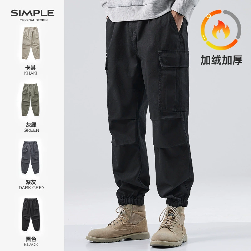 Осенне-зимние утолщенные Комбинезоны на флисовой подкладке, мужские Модные брендовые американские ретро Свободные повседневные длинные брюки с завязками на щиколотке оптом