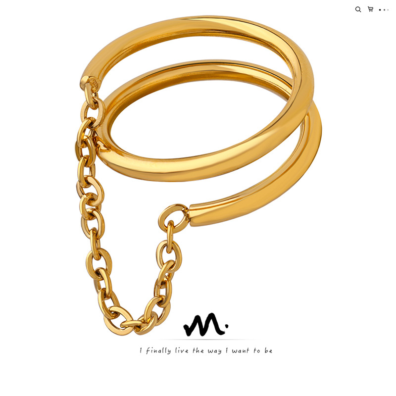 Europeo y Americano retro simple elegante dedo índice de doble capa anillo Pequeño anillo de cadena de acero de titanio hembra chapado en oro de 18K No se desvanece A107