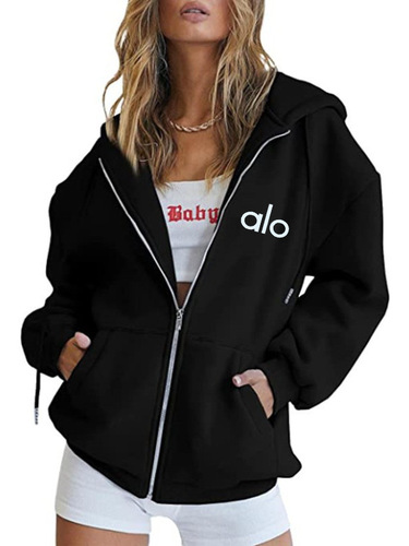 Alo Ladies Personality Printed Zip-Up Hooded Sweatshirt Loose Casual Long-Sleeve Hooded Sweatshirt Personality Sports Top