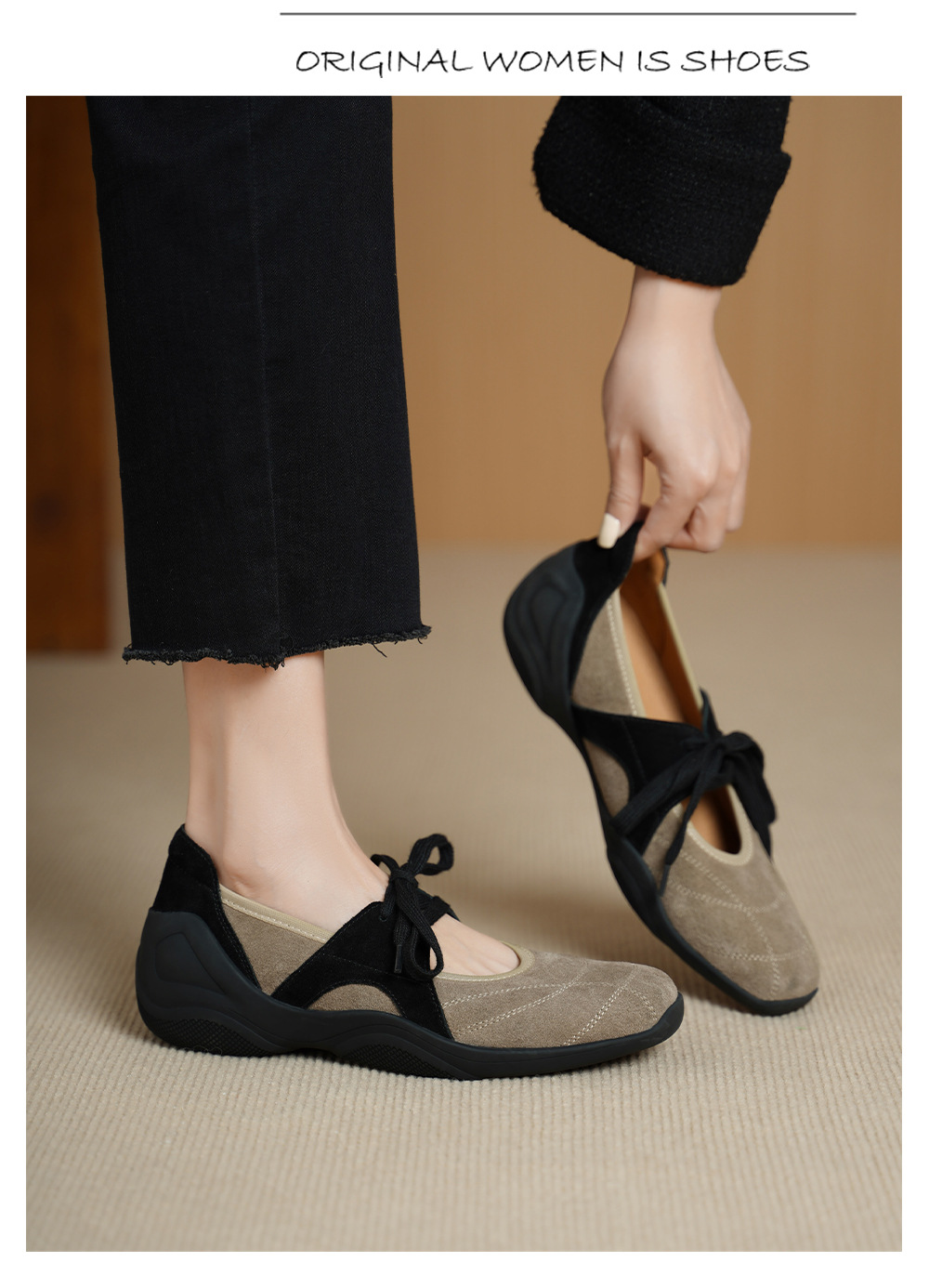 Giày sneaker nữ đế dày miệng thấp dây buộc phối màu da lộn — màu mơ chi tiết 3