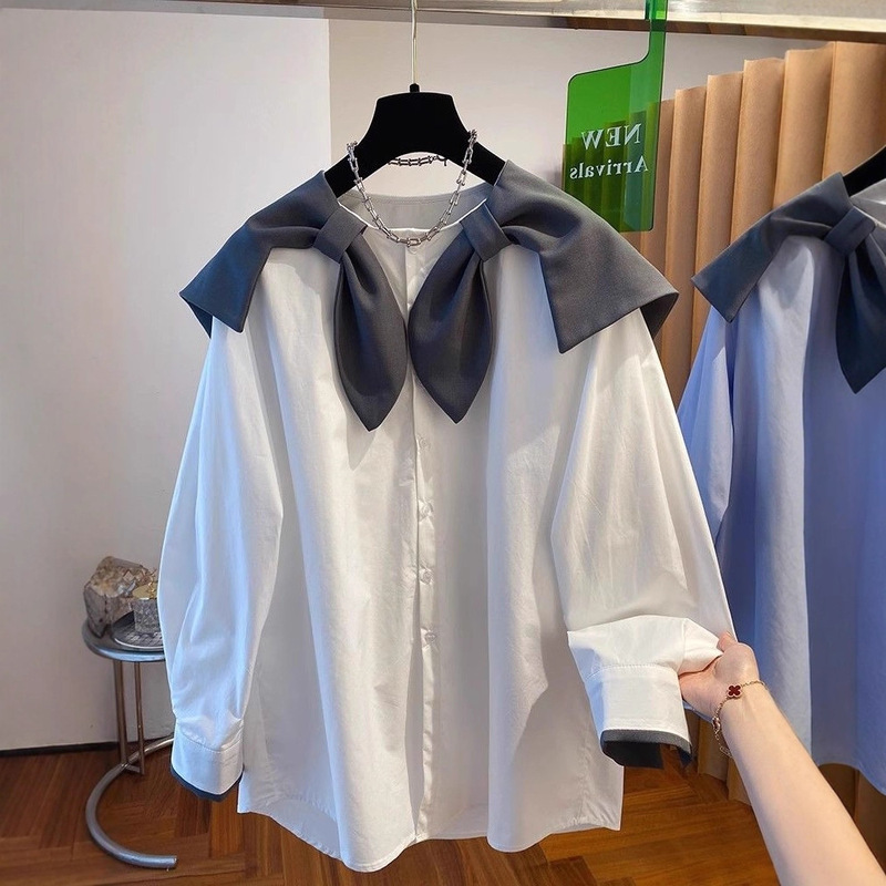 Plus-Size Design with Bow Tie, Navy Collar, Large Lapel Shirt for Women, 2025 New Loose Age-Reducing Top Trend