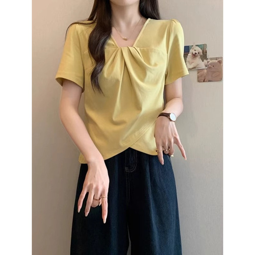 Summer Plus Size Oversized Women's Fashion Design V-Neck Asymmetrical Shoulder Slim Short Sleeve T-Shirt Top