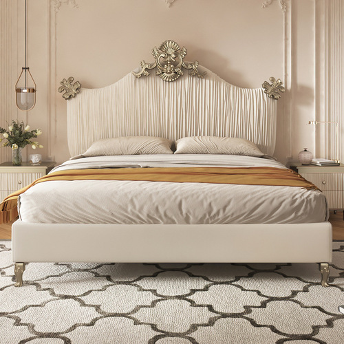 9WOR French light luxury fabric bed Hong Kong style master bedroom wedding bed American double bed Italian velvet classical carved bed