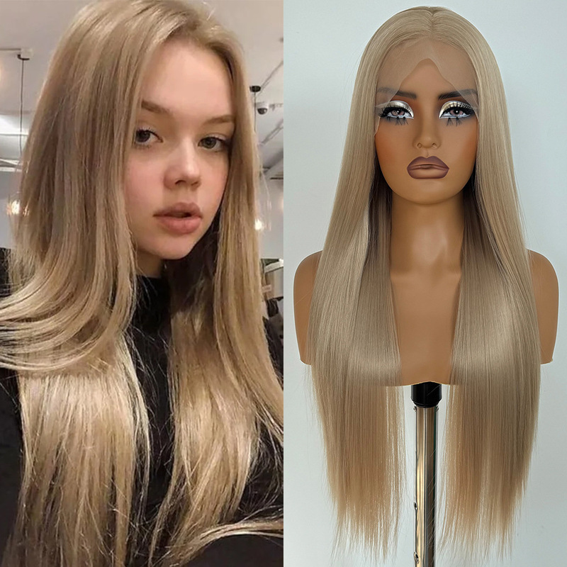 Foreign Trade European and American Honey Gold Synthetic Fiber Hair 13X4 Hand-Crocheted Lace Wig Smooth Long Straight Hair Full Head Wig Foreign Trade European and American Honey Gold Synthetic Fiber Hair 13X4 Hand-Crocheted Lace Wig Smooth Long Straight Hair Full Head Wig