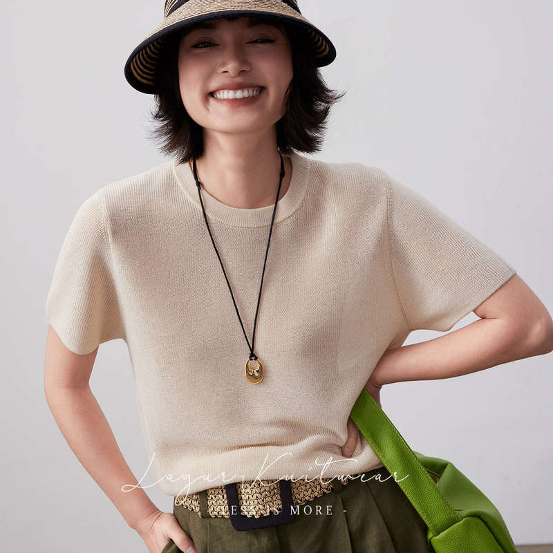 Leisurely Warm Apricot | Apricot Knitted Short Sleeve Linen T-Shirt for Women, New Summer Style with a High-End Feel, Slimming Round Neck Thin Top Leisurely Warm Apricot | Apricot Knitted Short Sleeve Linen T-Shirt for Women, New Summer Style with a High-End Feel, Slimming Round Neck Thin Top