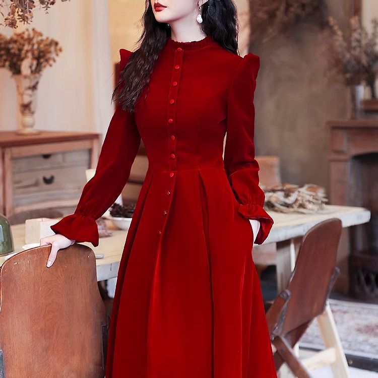 Long-Sleeved Toast Dress for the Bride, New Wedding Dress, Red Wedding Engagement Dress, Homecoming Dress, Long Style for Small People