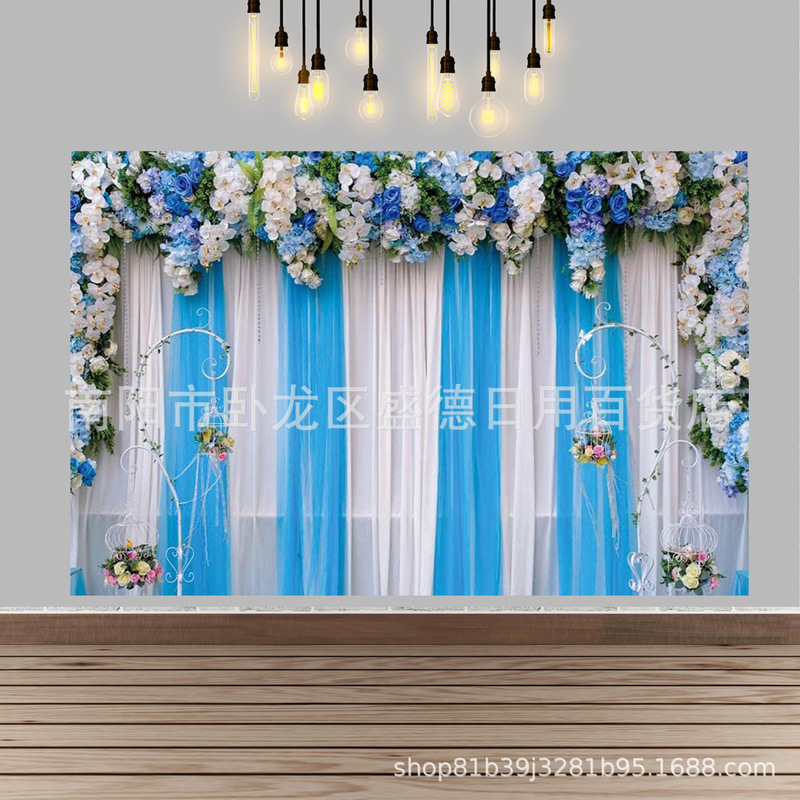White and blue curtain flower photography background cross-border baby bridal shower party decoration banner photo background cloth