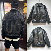 2025皮衣外贸棒球服背后烫钻刺绣pu皮袖拼接加棉男女夹克外套批发
