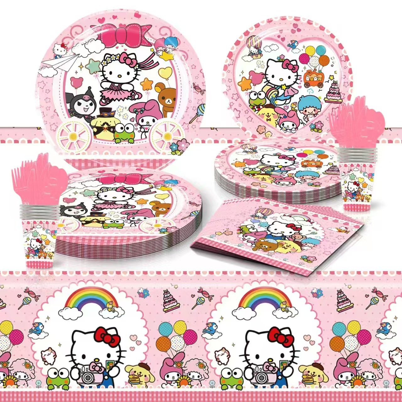 Hellokitty Hello Kitty Kidsren's Birthday Party Ready-Made Set Pink Kt Cat Paper Plate Paper Cup Tablecloth Decoration