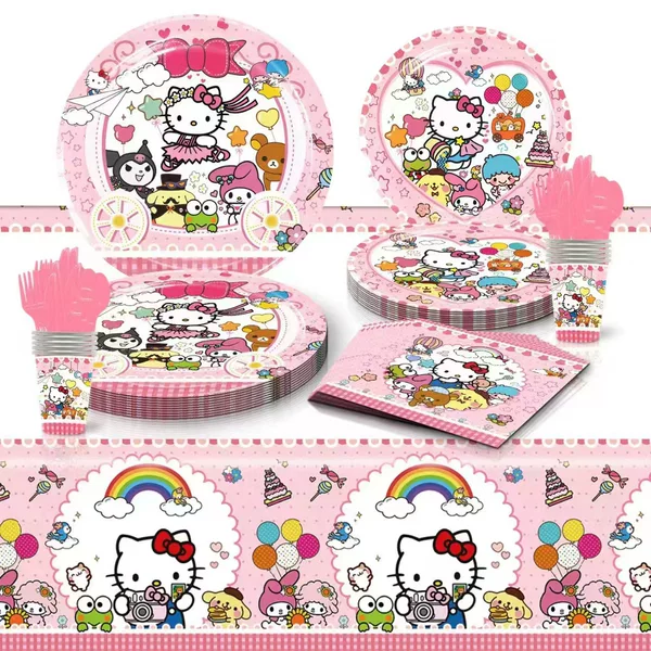 Hellokitty Hello Kitty Kidsren's Birthday Party Ready-Made Set Pink Kt Cat Paper Plate Paper Cup Tablecloth Decoration