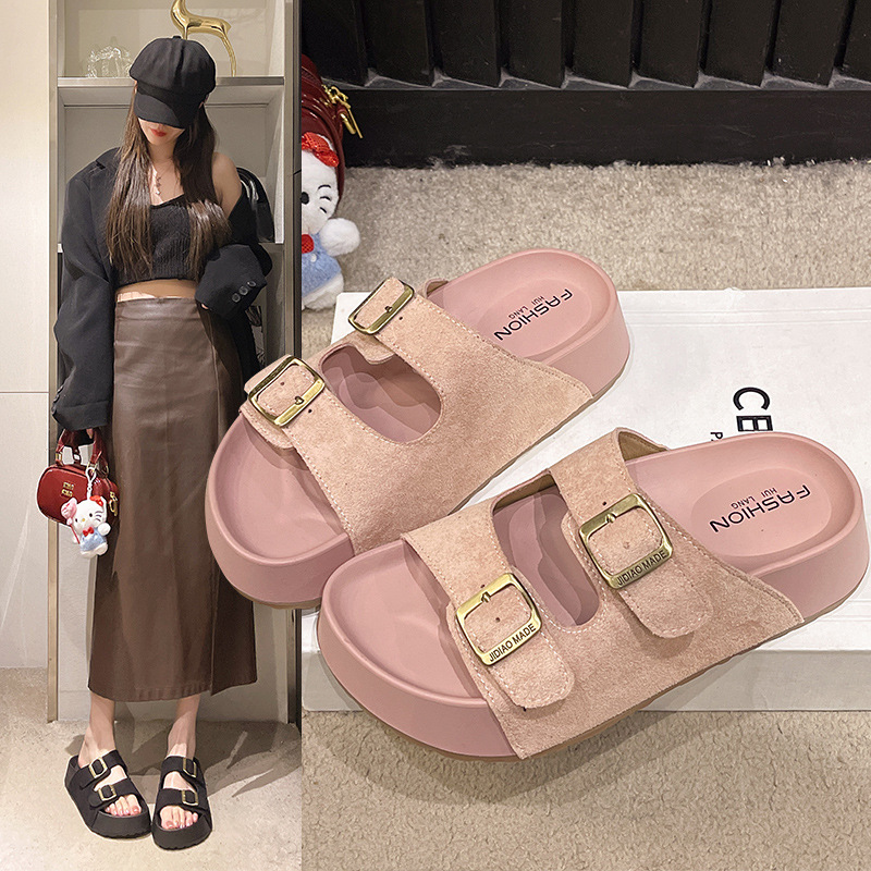 Pantoufles à semelles épaisses pour femmes, idéales pour l'extérieur, avec boucle de ceinture décontractée, sandales de plage droites à bout ouvert, tendance pour femmes._voghion.com