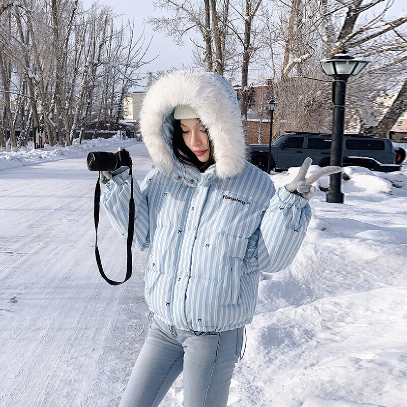 Foreign Trade Striped Print Thickened Warm down Cotton Jacket for Women, New Korean Style Sweet Fur Collar Cotton Coat Trendy