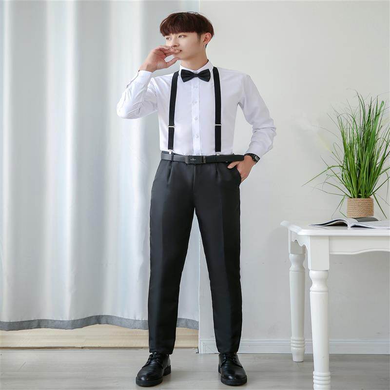 Correa + camisa de manga larga blanca + pantalones negros