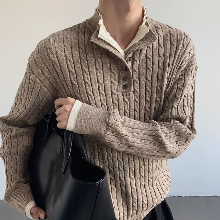 Fake Two-Piece Henry Collar Knitwear for Men, Lazy Style, High-End, Loose Pullover, Twist Design, American Retro Knitwear