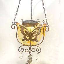 新款金属蝴蝶悬挂式花园装饰太阳能裂纹玻璃灯蝴蝶铁艺风铃灯
