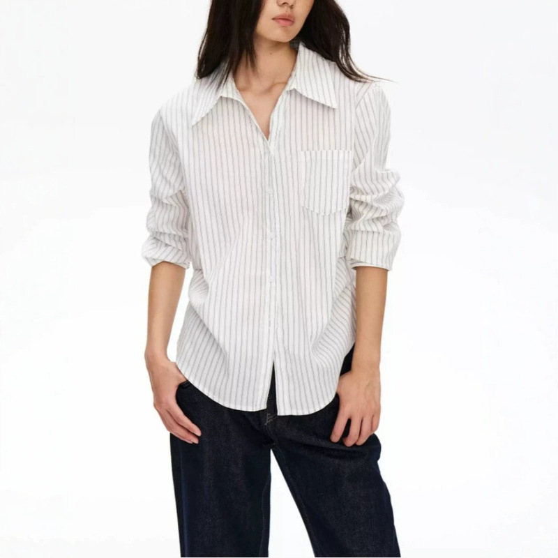 BESOBE Striped White Collared Shirt with Pleated Waist for Women, Loose Casual Elegant Long-Sleeve Blouse for Autumn BESOBE Striped White Collared Shirt with Pleated Waist for Women, Loose Casual Elegant Long-Sleeve Blouse for Autumn