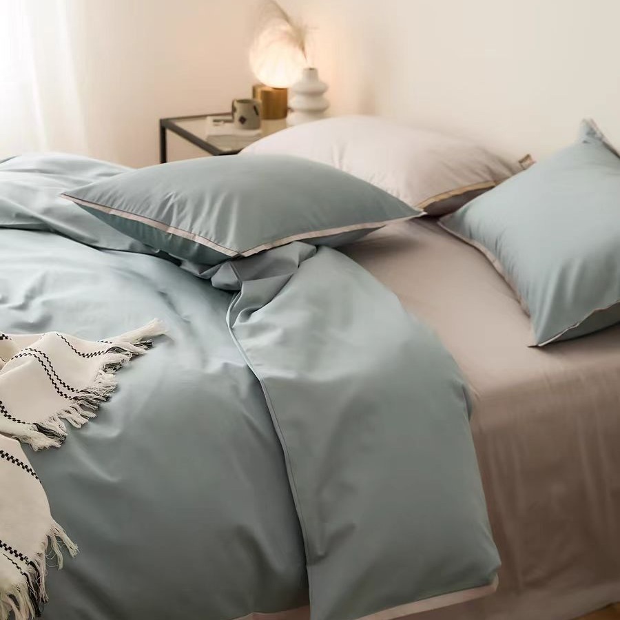 Estilo nórdico 100S algodón de cuatro piezas de satén de algodón de fibra larga algodón de cuatro piezas de algodón puro simple funda de edredón de cama de color sólido sábana