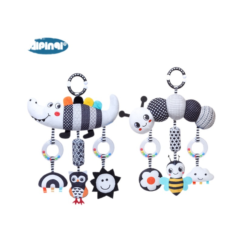 Aipinqi nuevo blanco y negro animal campana cama de viento colgar 0 - 3 años coche de bebé colgar campana de educación temprana juguetes de peluche
